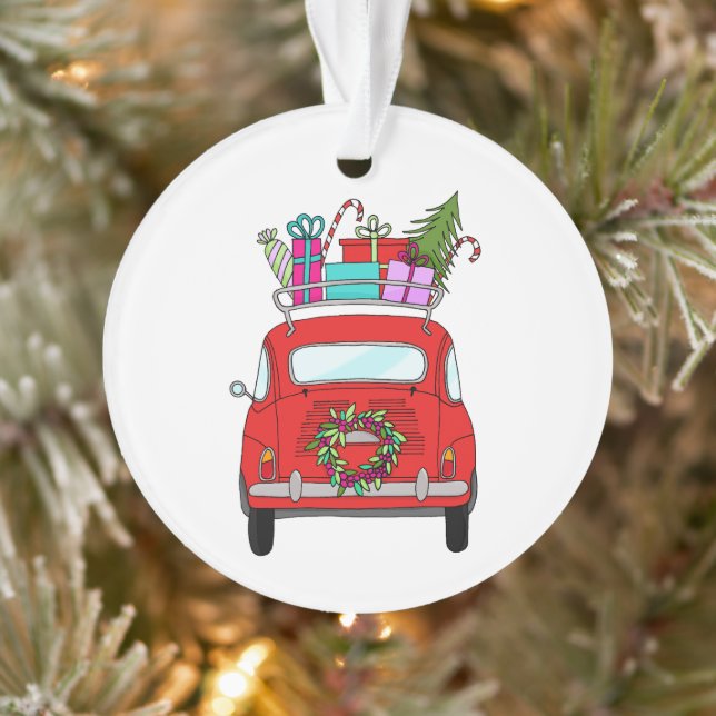 Voiture rouge avec cadeau de Noël Ornement (Arbre)