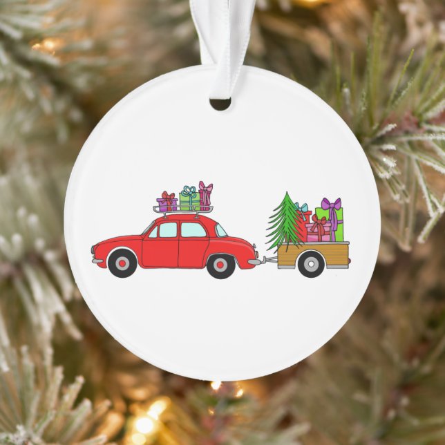 Voiture rouge avec cadeau de Noël Ornement (Arbre)