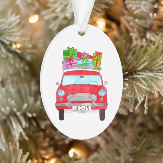 Voiture rouge avec cadeaux de Noël Aquarelle (Arbre)