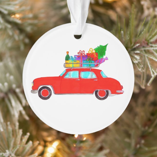Voiture rouge avec cadeaux de Noël Aquarelle (Arbre)
