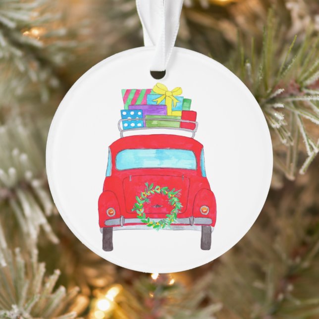 Voiture rouge avec cadeaux de Noël Aquarelle (Arbre)