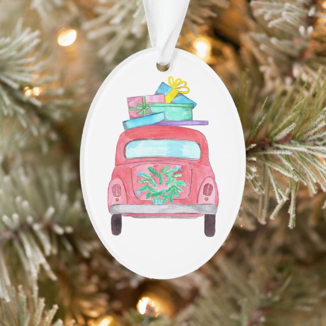 Voiture rouge avec cadeaux de Noël Aquarelle (Arbre)