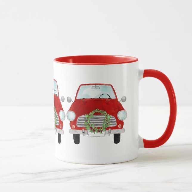 Voiture rouge avec couronne de Noël Café Mug (Droite)