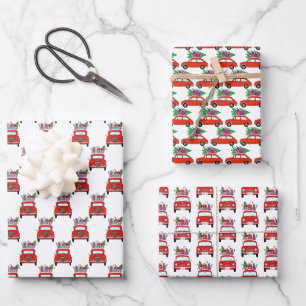 Voiture rouge avec papier cadeau de Noël