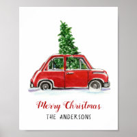 Voiture rouge avec sapin de Noël Poster