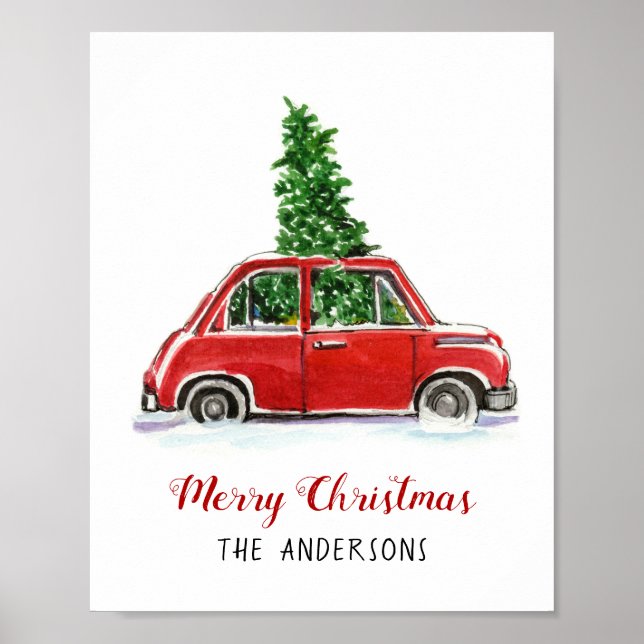 Voiture rouge avec sapin de Noël Poster (Devant)