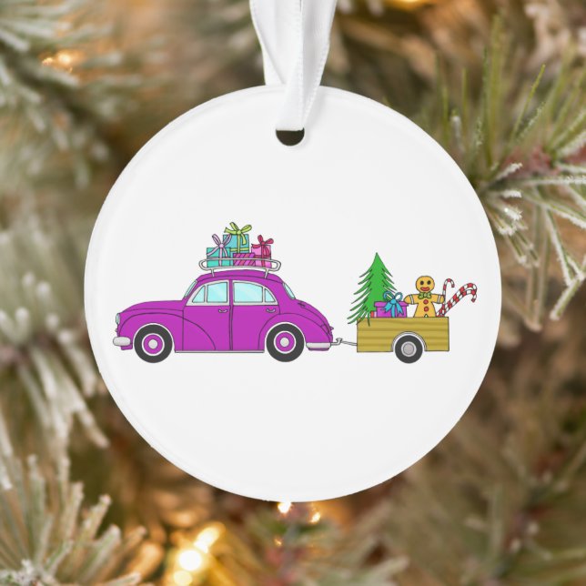 Voiture violette avec cadeau de Noël Ornement (Arbre)