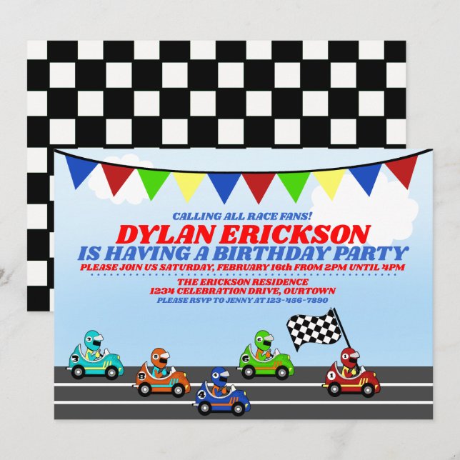Voitures de course Invitation de fête d'anniversai (Devant / Derrière)