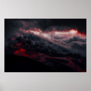 Volcanic Eruption Lava Rivers Night Landscape Poster