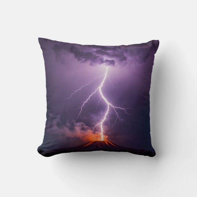 Volcano Lightning Eruption Dramatic Night Throw Pillow (Front)