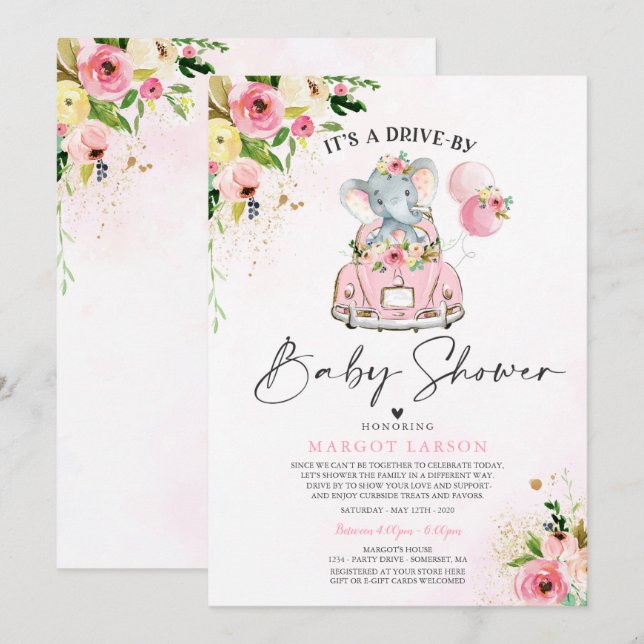 Volée éléphante par Baby shower Invitation rose (Devant / Derrière)