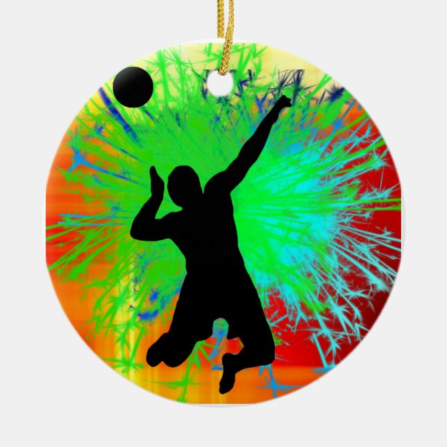 Volley Ball Service Fireworks Ceramic Ornament (Front)