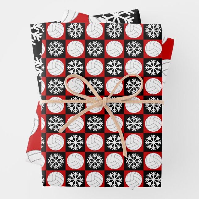 Volleyball and Snowflake Red and Black Christmas Wrapping Paper Sheet (In situ)