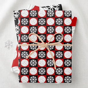 Volleyball and Snowflake Red and Black Christmas Wrapping Paper Sheet