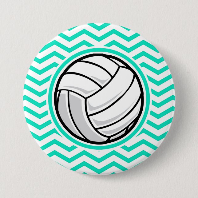 Volleyball; Aqua Green Chevron 3 Inch Round Button (Front)