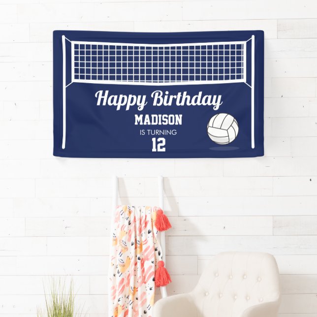 Volleyball Ball & Net Navy Blue Birthday Name Age Banner (Insitu)