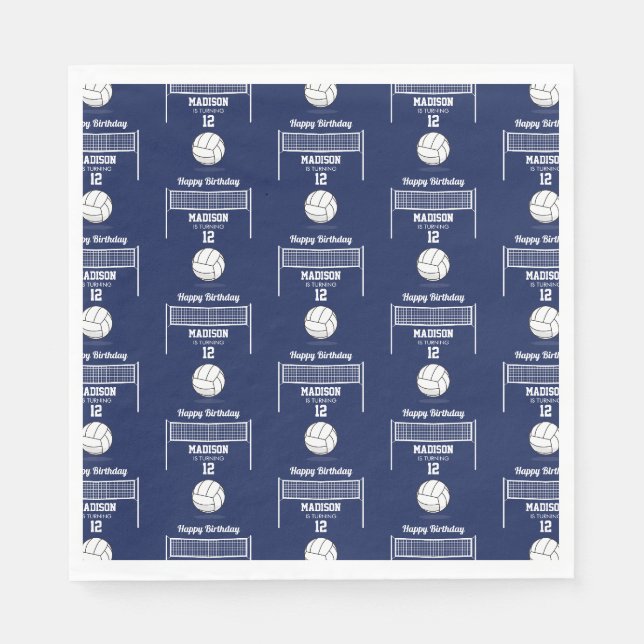 Volleyball Ball & Net Navy Blue Birthday Name Age Napkin (Front)