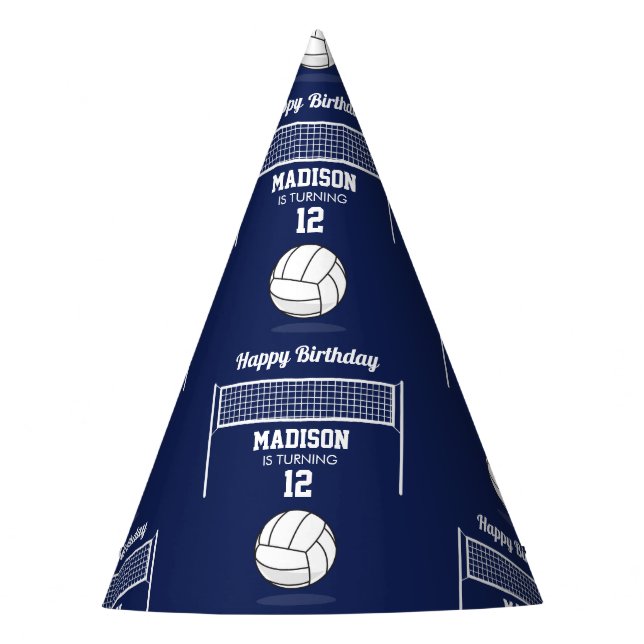 Volleyball Ball & Net Navy Blue Birthday Name Age Party Hat (Front)