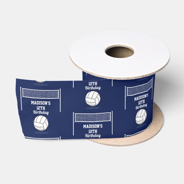 Volleyball Ball & Net Navy Blue Birthday Name Age Satin Ribbon (Spool)