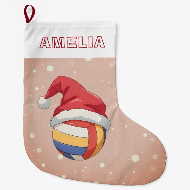 Volleyball Ball Red Santa Hat Name Large Christmas Stocking (Front)