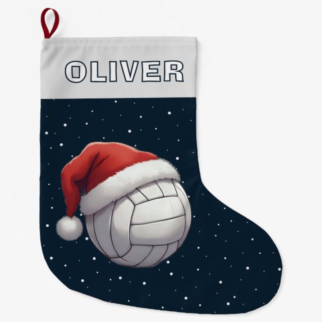 Volleyball Ball Red Santa Hat Name Large Christmas Stocking (Front)