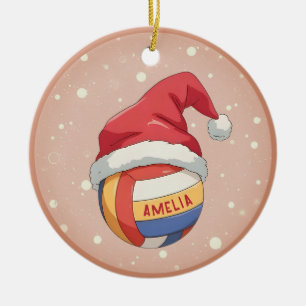 Volleyball Ball with Red Santa Hat Name Christmas Ceramic Ornament