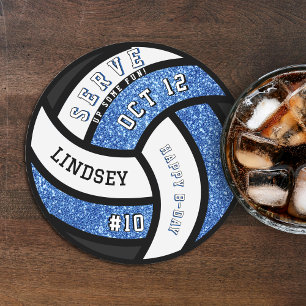 Volleyball Birthday Party Blue Glitter Round Paper Coaster
