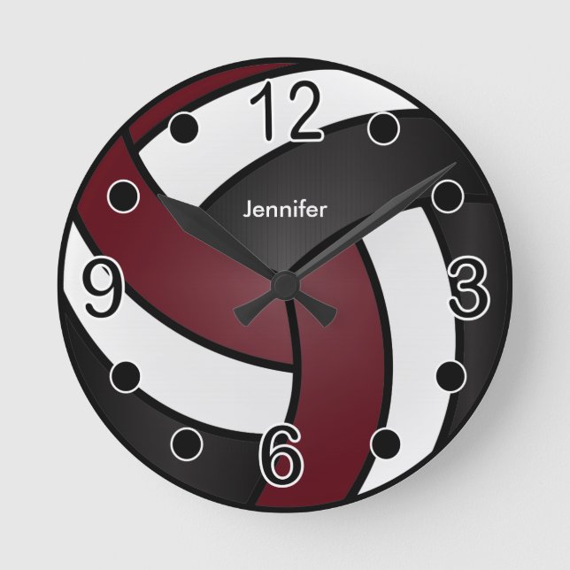 Volleyball | Black, White and Dark Red Round Clock (Front)