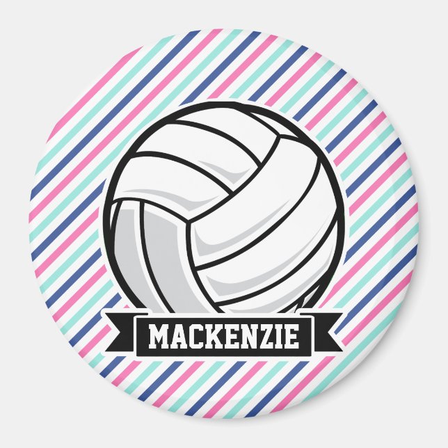 Volleyball; Blue, Pink, & White Stripes, Sports Magnet (Front)