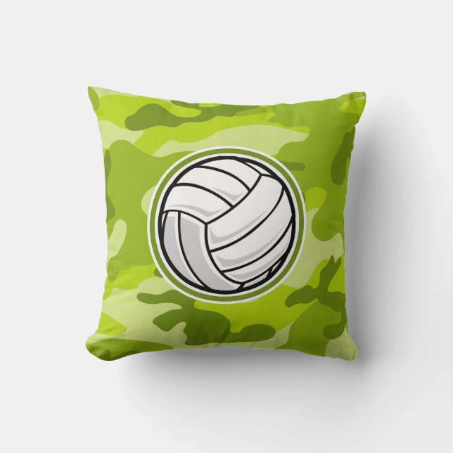 Volleyball; bright green camo, camouflage throw pillow (Front)