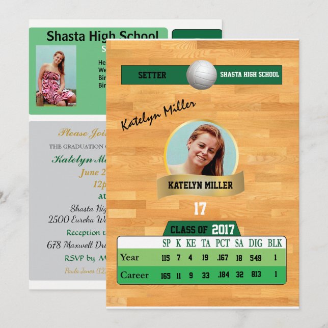 Volleyball Card W/ Stats Grad Invitations - green (Front/Back)