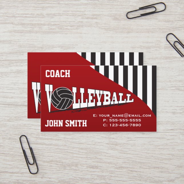 Volleyball Coach - Red Business Card (Front/Back In Situ)