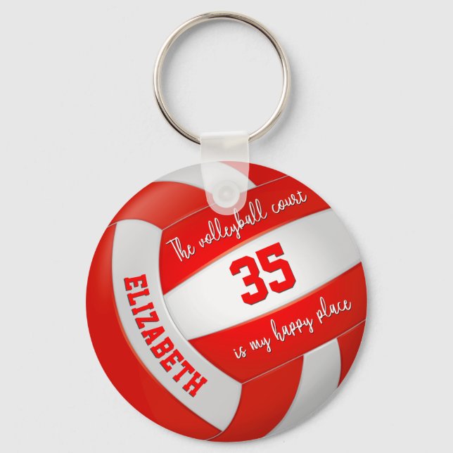 volleyball court my happy place girls red white keychain (Front)