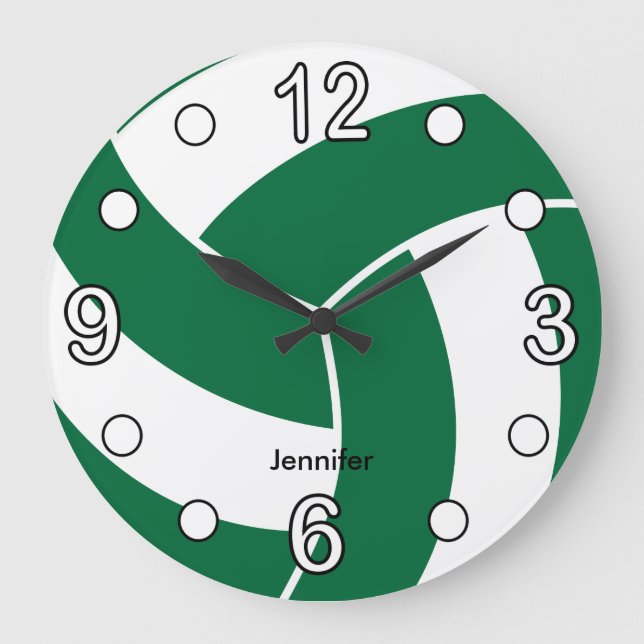 Volleyball | Dark Green and White Style Large Clock (Front)