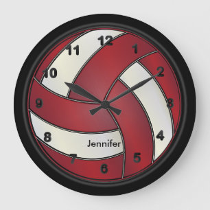 Volleyball   Dark Red and White Style Large Clock