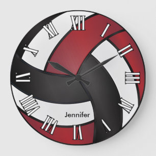 Volleyball   Dark Red, Black and White Style Large Clock