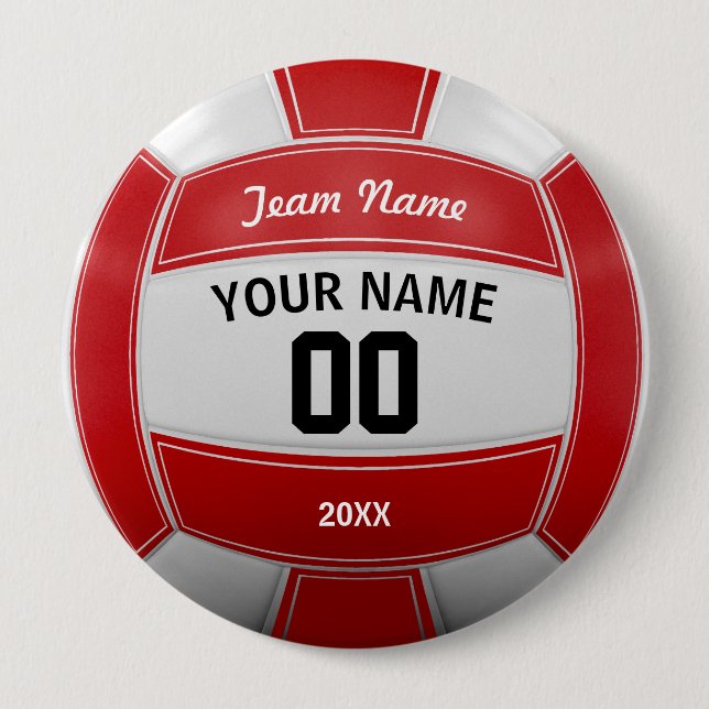 Volleyball Fan Name Year Team Red 4 Inch Round Button (Front)