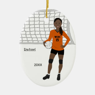 Volleyball Female Black Hair Orange & Black Ceramic Ornament