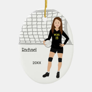 Volleyball Female Brown Hair In Black and Gold Ceramic Ornament