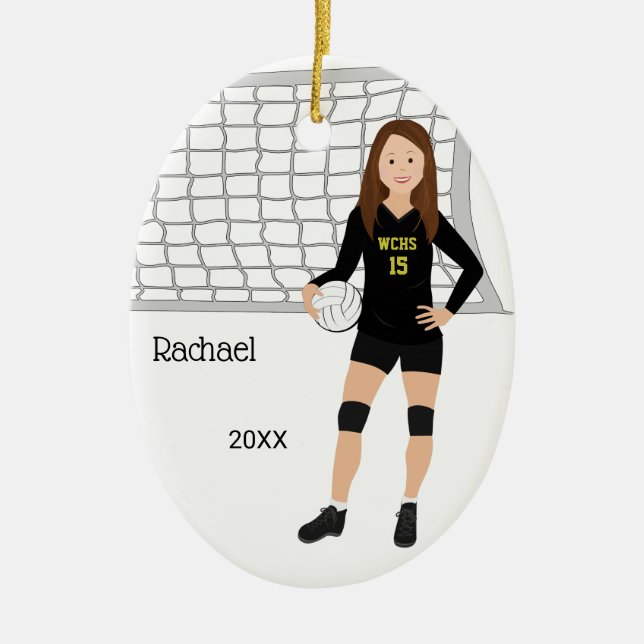 Volleyball Female Brown Hair In Black and Gold Ceramic Ornament (Front)