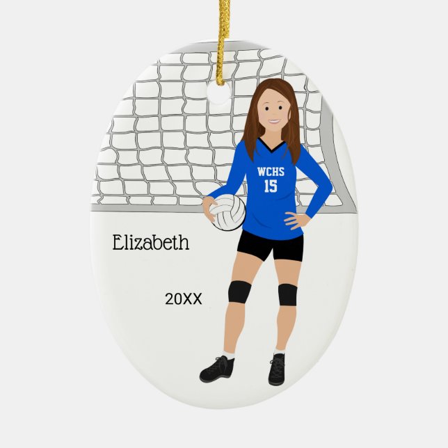 Volleyball Female Brunette Blue & Black Ceramic Ornament (Front)