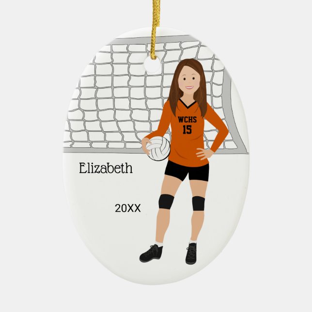 Volleyball Female Brunette Orange & Black Ceramic Ornament (Front)