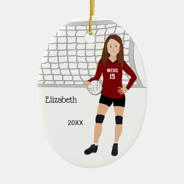 Volleyball Female Brunette Red & Black Ceramic Ornament (Front)