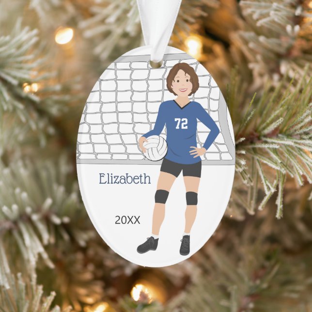 Volleyball Female Curly Brown Hair in Blue Black Ornament (Tree)