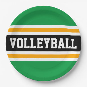 VOLLEYBALL Fun Bright Green Black Orange Stripes  Paper Plate