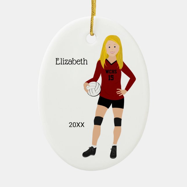 Volleyball Girl Blonde Red & Black Ceramic Ornament (Front)