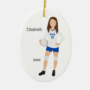 Volleyball Girl Brunette Blue & White Ceramic Ornament