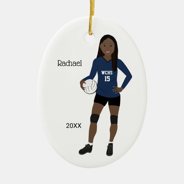 Volleyball Girl Long Black Hair Dark Blue & Black Ceramic Ornament (Front)