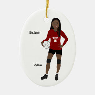Volleyball Girl Long Black Hair Red & Black Ceramic Ornament