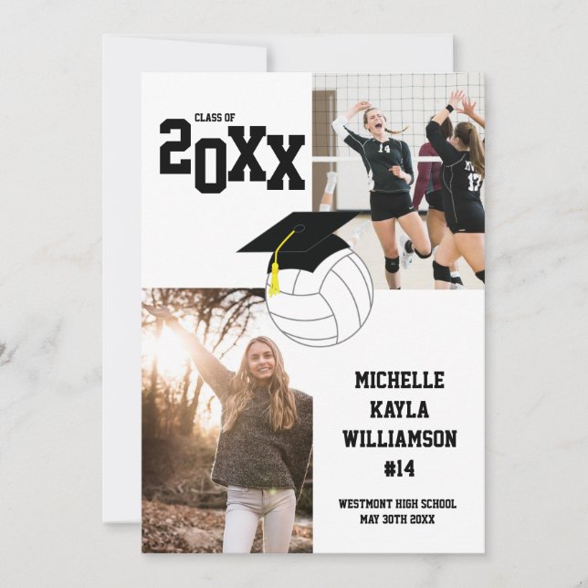 Volleyball Graduation Sports Black & White Invitation (Front)